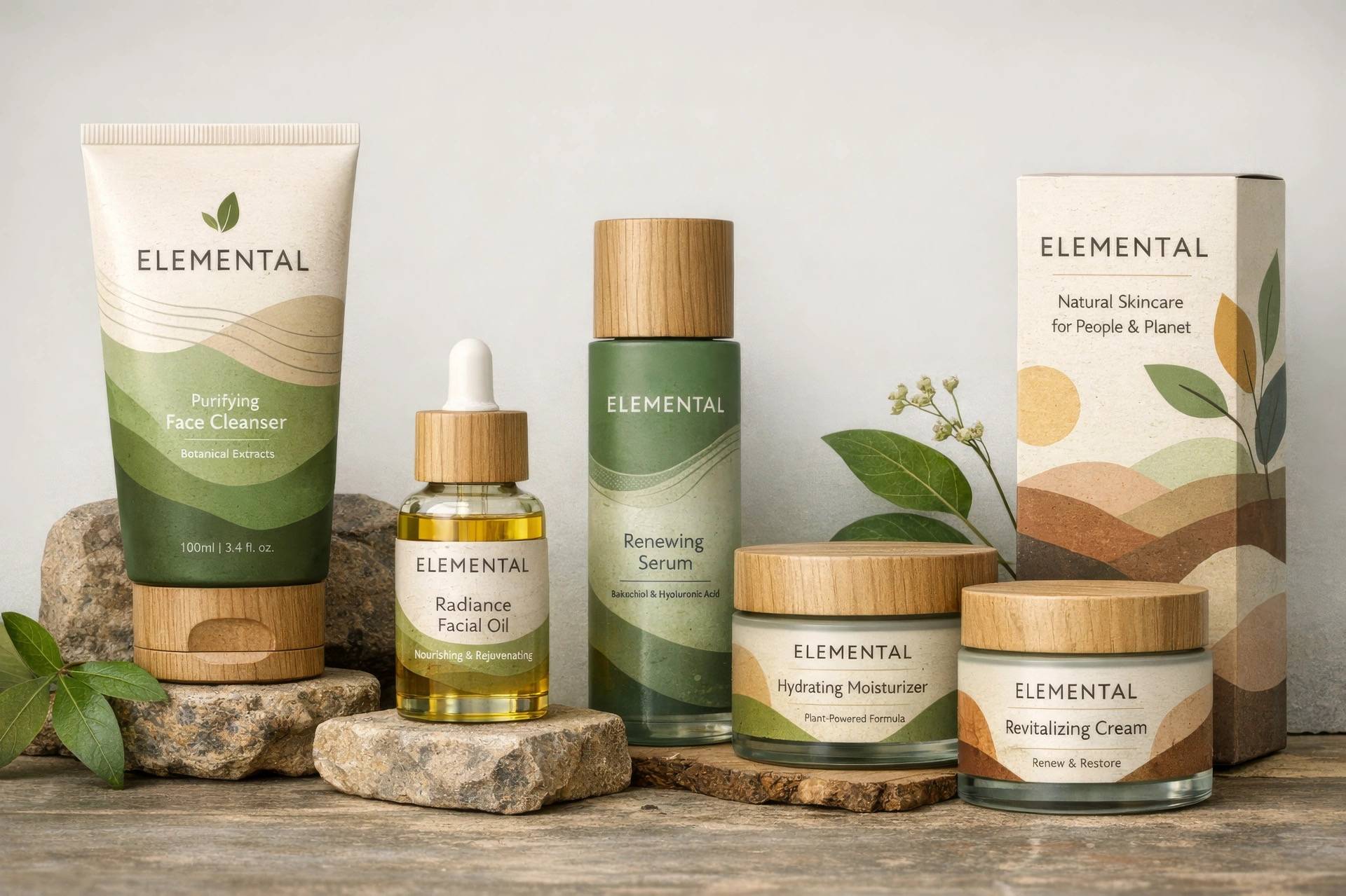 Zestaw kosmetyków do pielęgnacji skóry marki Elemental, w tym żel do mycia twarzy, olejek do twarzy, serum i kremy, ułożone artystycznie na naturalnych kamieniach i drewnianych powierzchniach z akcentami zielonych liści.
