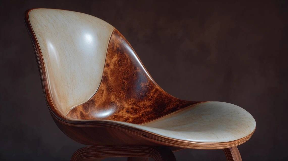 Zbliżenie na nowoczesne, wyprofilowane krzesło o błyszczącym, dwukolorowym wykończeniu, łączące jasne drewno z ciemną, wzorzystą czeczotą.