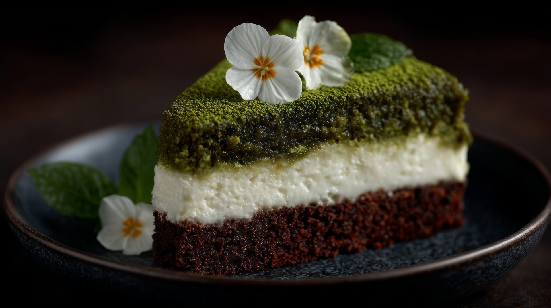 Kawałek trójwarstwowego ciasta z ciemną czekoladową bazą, kremowym białym środkiem i intensywnie zieloną warstwą matchy na górze, udekorowany małymi białymi kwiatami i liśćmi mięty na ciemnym, teksturowanym talerzu.