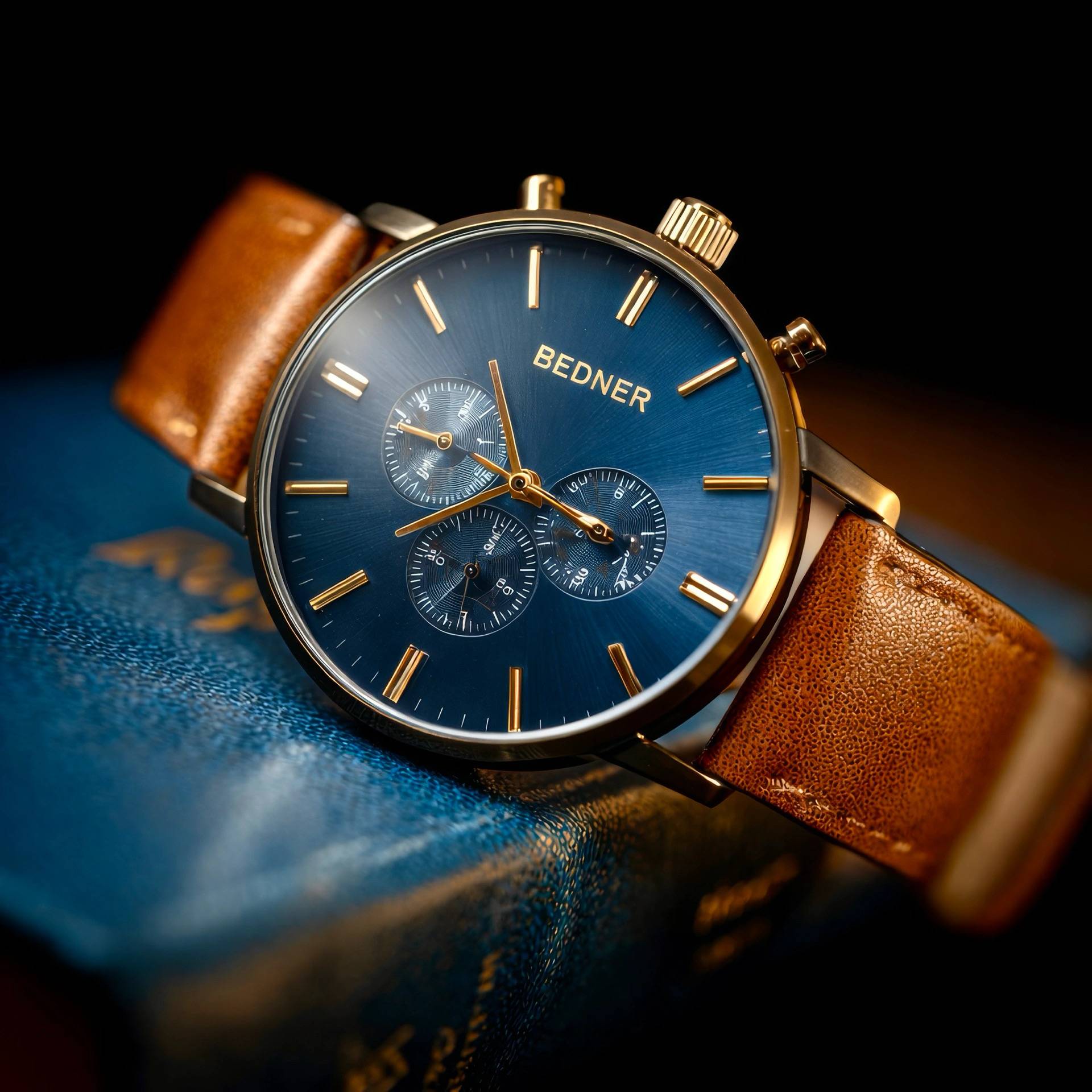 Zbliżenie na luksusowy zegarek na rękę ze złotą kopertą, ciemnoniebieską tarczą i teksturowanym brązowym skórzanym paskiem, spoczywający na ciemnoniebieskiej książce.