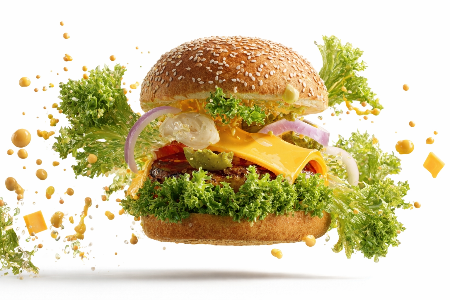 Dynamiczne ujęcie burgera gourmet, którego składniki rozlatują się na białym tle, w tym sałata, cebula, ser i rozpryskujący się sos.