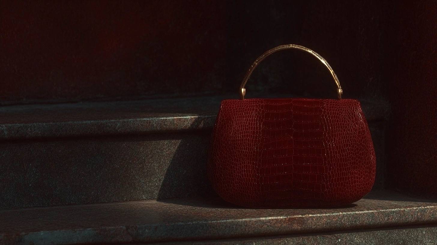 Ciemnoczerwona torebka o fakturze skóry krokodyla ze złotym, zdobionym uchwytem, stojąca na kamiennych schodach w mocnym, kierunkowym świetle.
