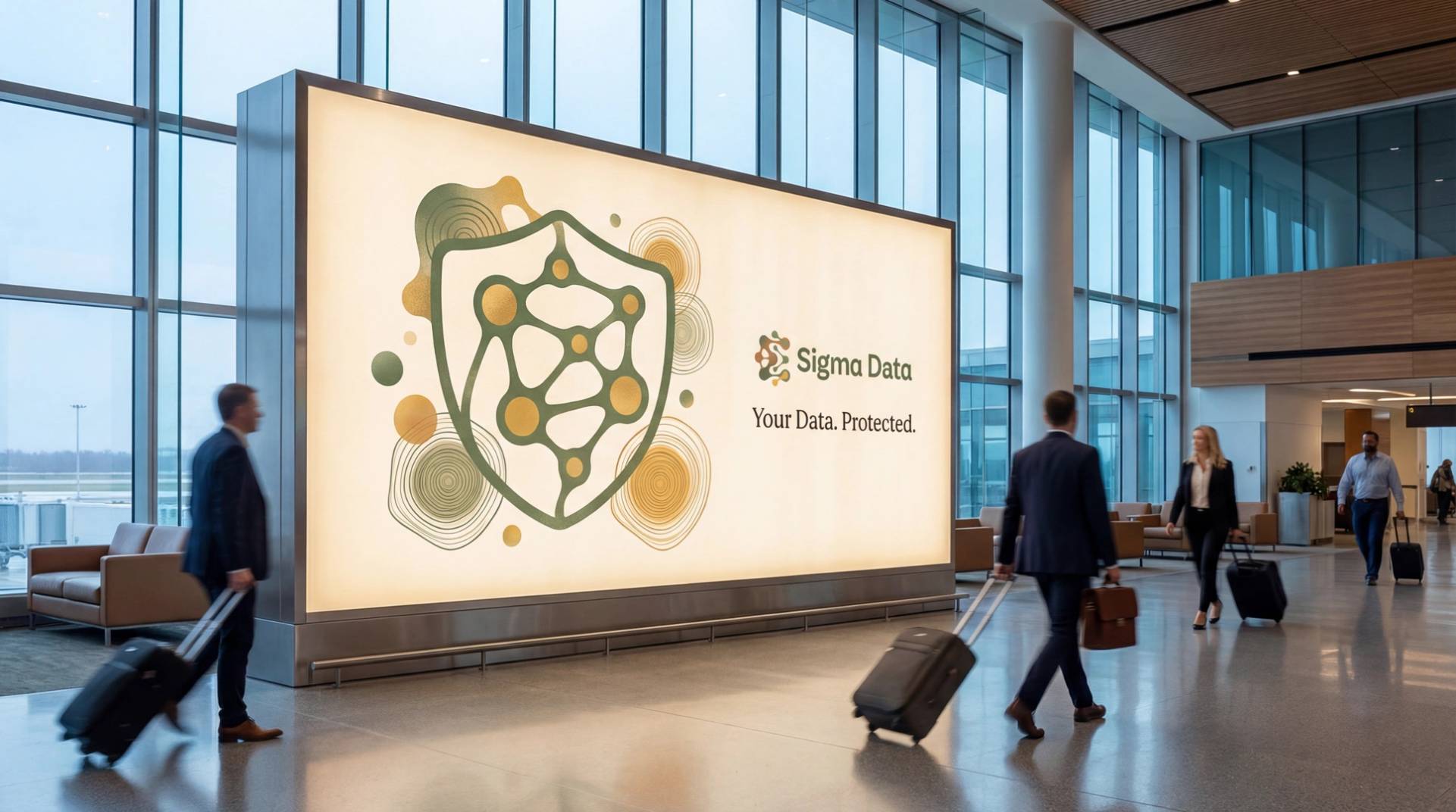 Duża, podświetlana reklama firmy Sigma Data stoi w nowoczesnym terminalu lotniskowym. Billboard przedstawia logo w kształcie tarczy z wzorem sieci i hasłem „Your Data. Protected.”. Podróżni z walizkami na kółkach przechodzą obok reklamy w przestronnym lobby z oknami sięgającymi od podłogi do sufitu.