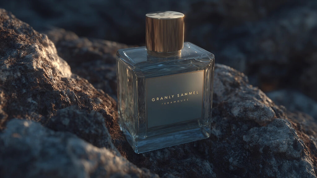 Kwadratowa szklana butelka perfum ze złotą zakrętką i ciemną etykietą z napisem „GRANLY SAMMEL” spoczywa wśród ciemnych, szorstkich skał. Scena jest oświetlona ciepłym światłem padającym pod niskim kątem, co sugeruje wschód lub zachód słońca.