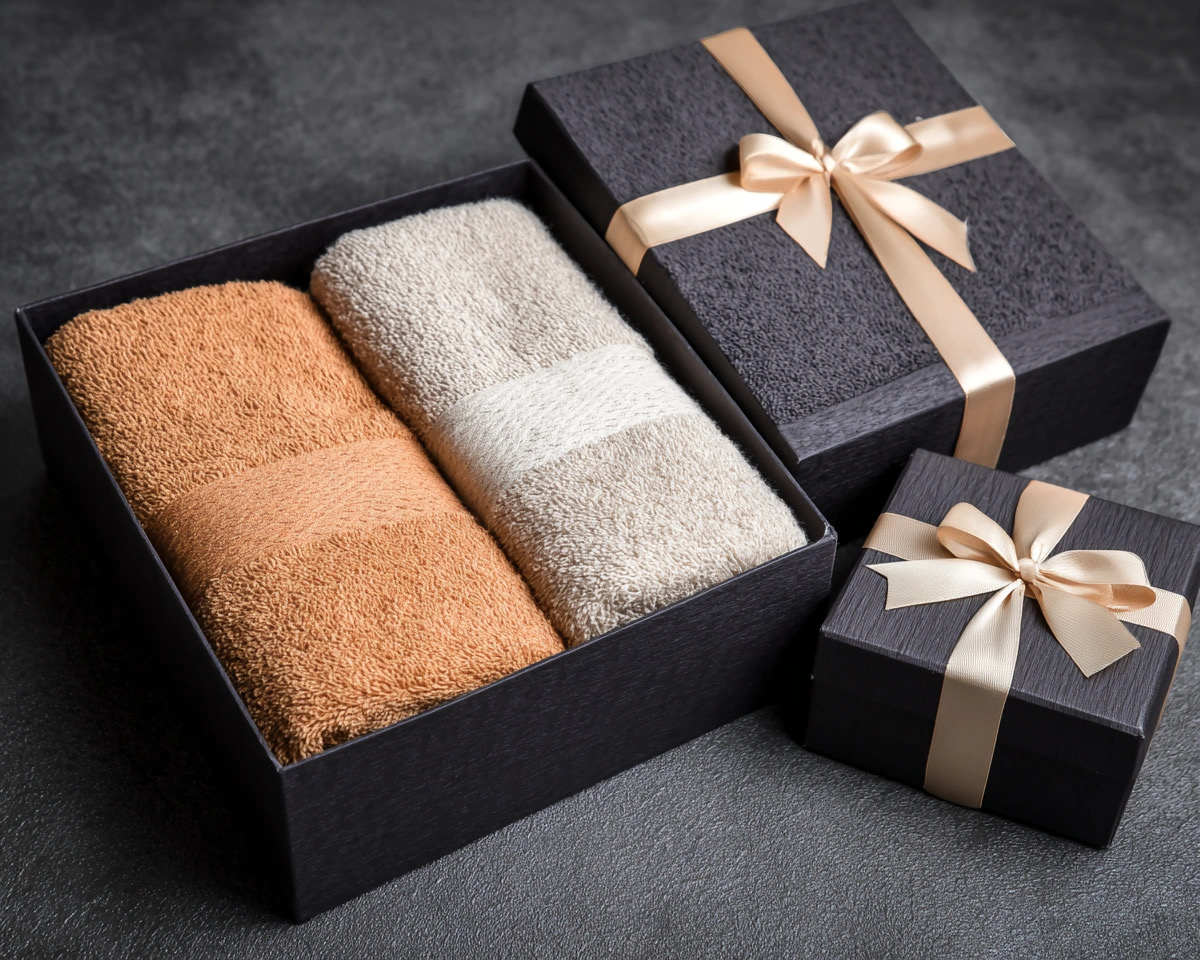 Otwarte czarne pudełko prezentowe ukazuje dwa starannie złożone ręczniki, jeden w ciepłym odcieniu brązu, a drugi w jasnym beżu. Obok znajdują się dwa zamknięte czarne pudełka o różnych rozmiarach, oba elegancko przewiązane błyszczącymi złotymi wstążkami z kokardami. Cały zestaw jest umieszczony na ciemnej, teksturowanej szarej powierzchni, co sugeruje wyrafinowaną formę prezentu.