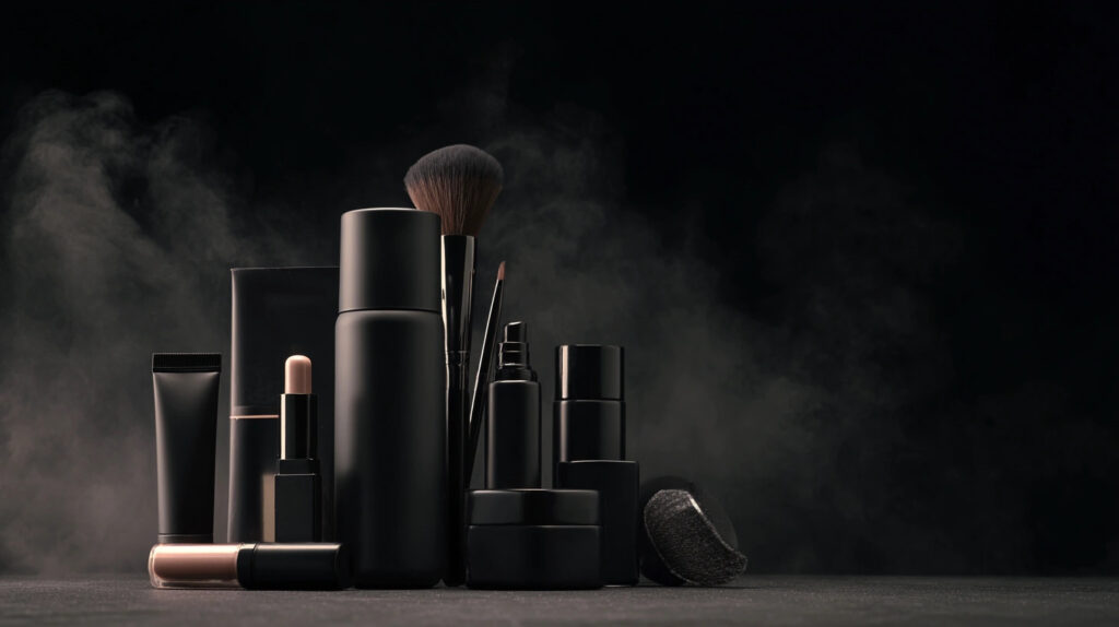 Minimalistyczne czarne produkty kosmetyczne i pędzle na ciemnej powierzchni z kłębiącym się dymem w czarnym studio.