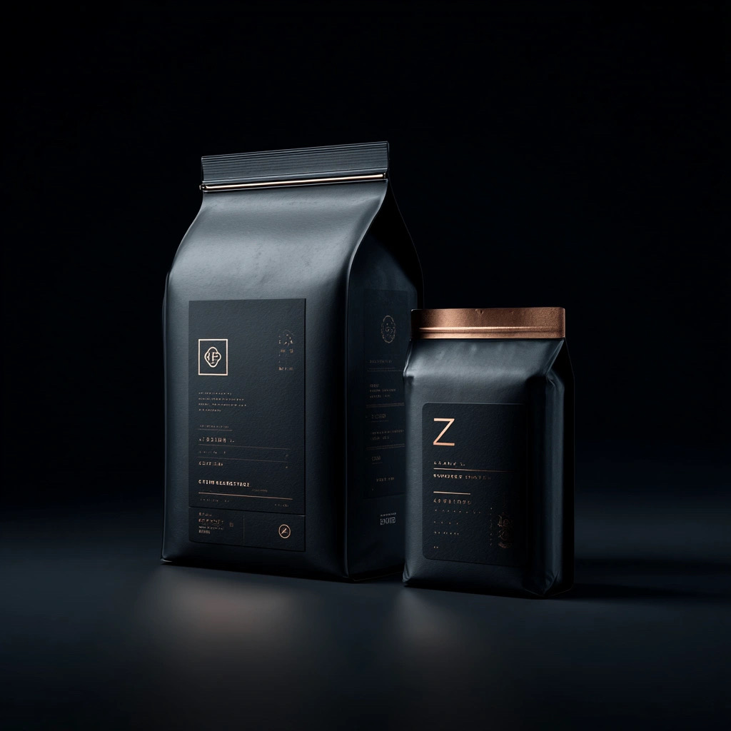 Dwie eleganckie, matowe czarne torebki kawy z miedzianymi detalami i minimalistycznymi etykietami, umieszczone na ciemnym, nastrojowym tle z subtelnym oświetleniem.
